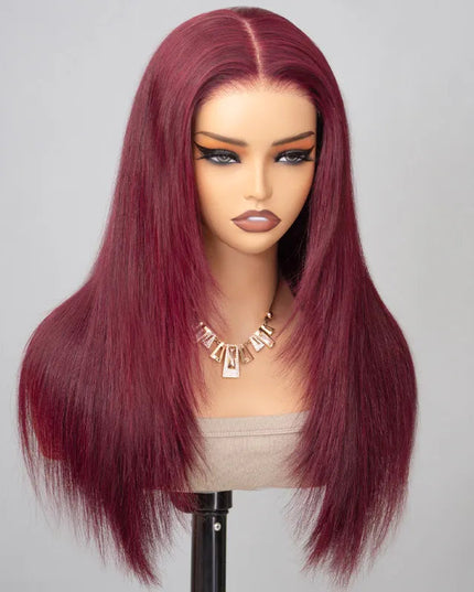 Layered Cut Straight Wig 99j Glueless Lace Human Hair Wig Salone Quality junoda