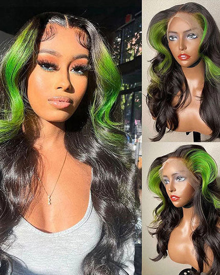Color Green Skunk Stripe Hair Body Wave Human Hair 4x4 Lace Front Wigs Fast Shipping junoda