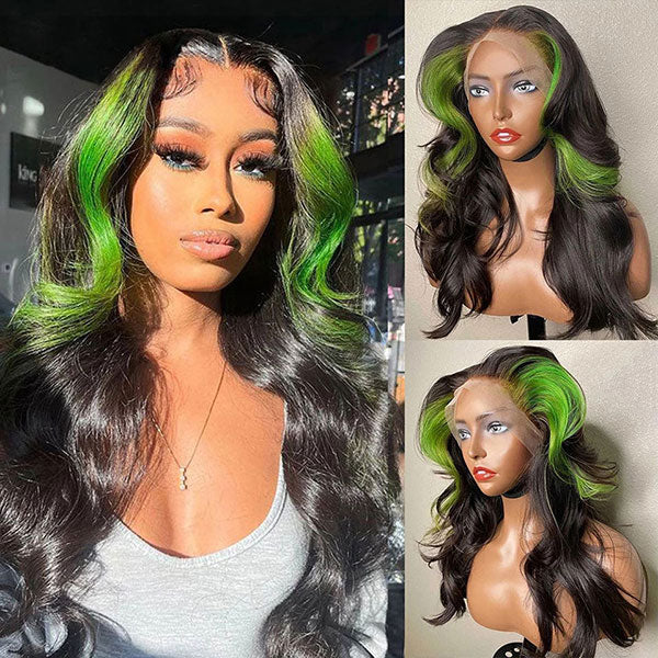 omgjackiee Recommend Color Green Skunk Stripe Hair Body Wave Human Hair Lace Front Wigs 180 Density junoda