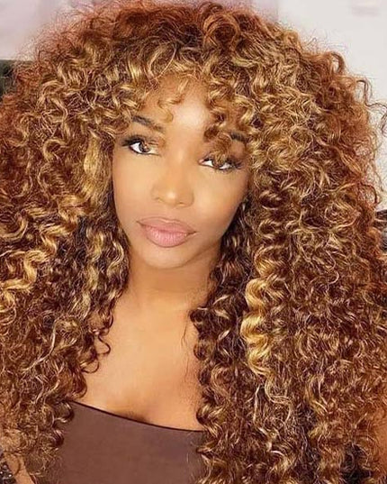 Junoda Highlight Brown Blonde Color Afro Kinky Curly Human Hair Wig with Bangs junoda