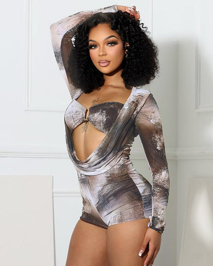 Slim Ink Blooming Printing Swing Collar Fake Two Pieces Long Sleeve Jumpsuit