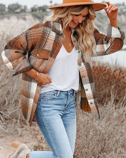 Gold Flame Grey Plaid Button Up Collared Flannel Shacket