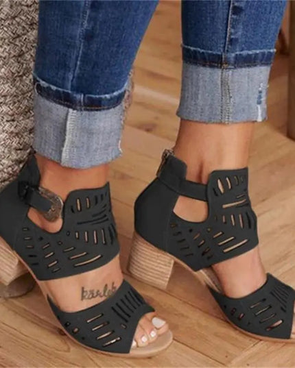 Cutout Floral Chunky Heels Women's Sandals