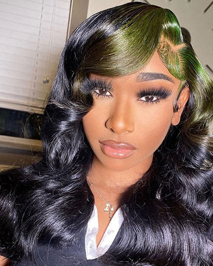 omgjackiee Recommend Color Green Skunk Stripe Hair Body Wave Human Hair Lace Front Wigs 180 Density junoda