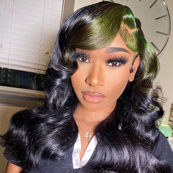 omgjackiee Recommend Color Green Skunk Stripe Hair Body Wave Human Hair Lace Front Wigs 180 Density junoda