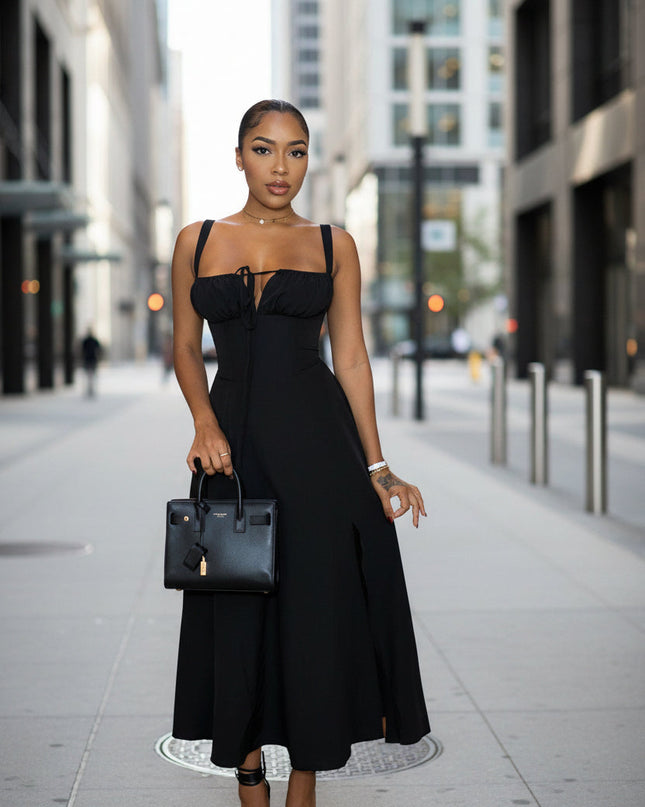Women’s Solid-Colored Bustier Slit Lace-Up Casual Dress FitiqueFit