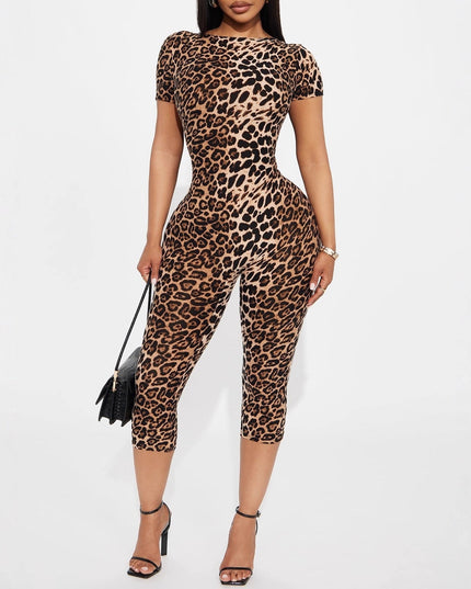 Stretchy Leopard-Print Short-Sleeve Backless Jumpsuit