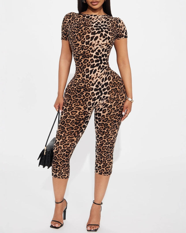 Stretchy Leopard-Print Short-Sleeve Backless Jumpsuit