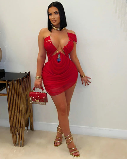 Mesh Halter Mini Chain Jeweled Dress/Lingerie