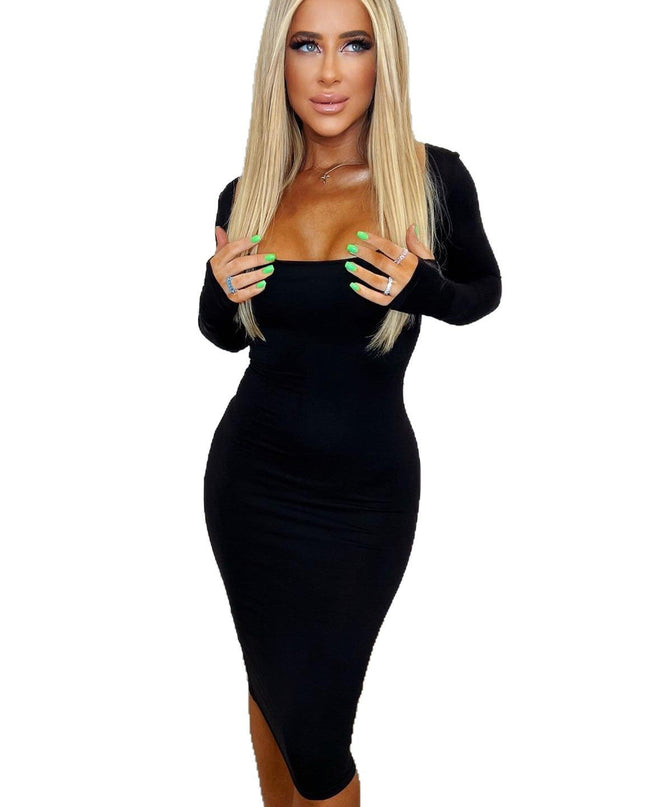 Fashion Square Collar Long Sleeve Solid Color Waist Tight Slimming Sheath Dress