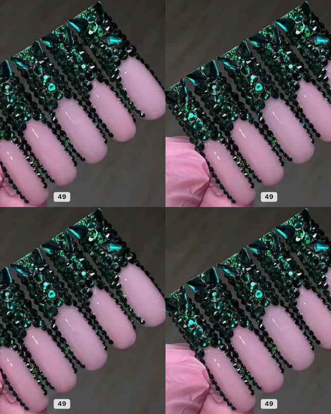 Green crystal long press on nails