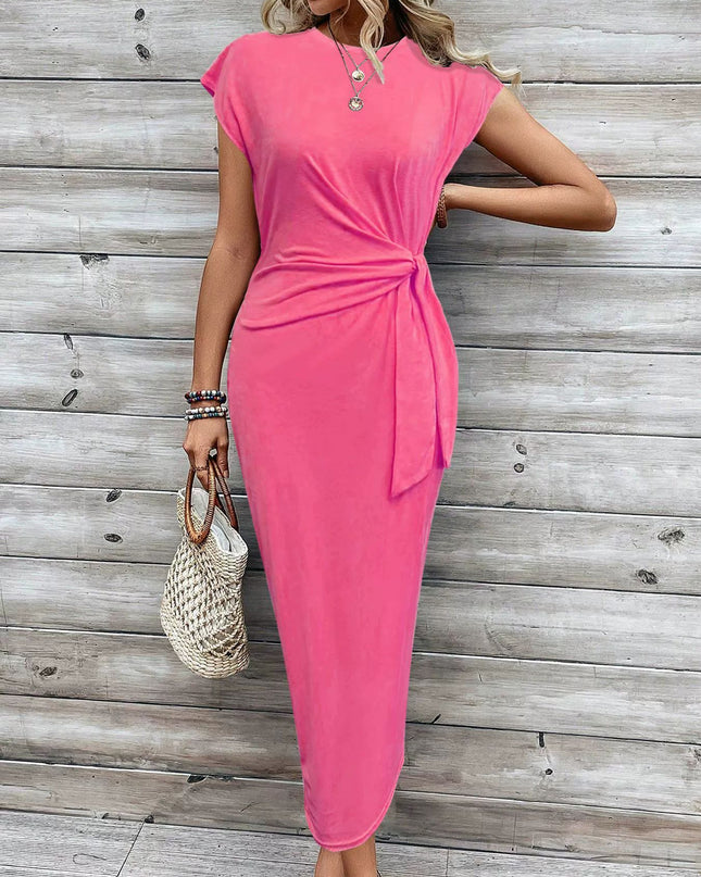 Elegant Waist Strap Striped Round Neck Short Sleeve And Long Pattern Dress