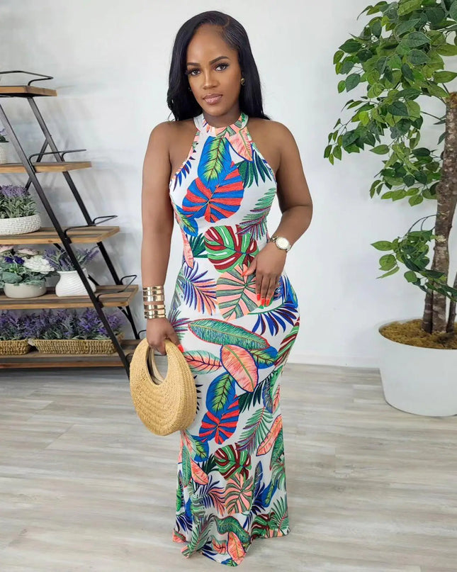 Women's Printed Sleeveless Round Neck Dress with Back Detail