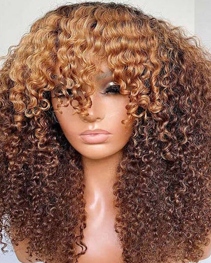 Junoda Highlight Brown Blonde Color Afro Kinky Curly Human Hair Wig with Bangs junoda