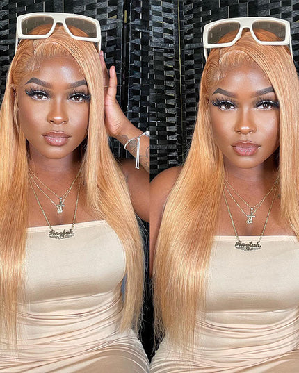 Wear & Go - Glueless Wigs Honey Blonde 6x5 Lace Front Wigs #27 Straight Human Hair Wigs 180% Density junoda