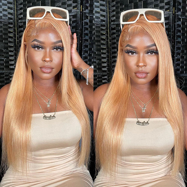 Wear & Go - Glueless Wigs Honey Blonde 6x5 Lace Front Wigs #27 Straight Human Hair Wigs 180% Density junoda