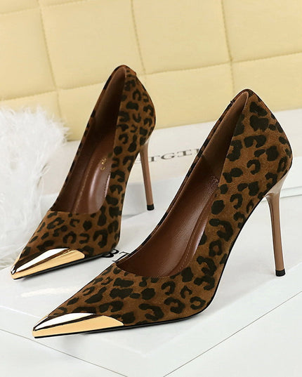 Leopard Print Stiletto Heels - Pointed Toe Suede Pumps with Gold Cap - Pretty Melanin Boutique