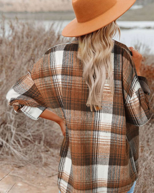 Gold Flame Grey Plaid Button Up Collared Flannel Shacket
