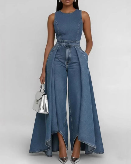 Women’s Crew Neck Sleeveless Wide-Leg Denim Jumpsuit