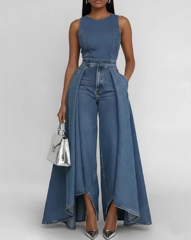 Women’s Crew Neck Sleeveless Wide-Leg Denim Jumpsuit FitiqueFit