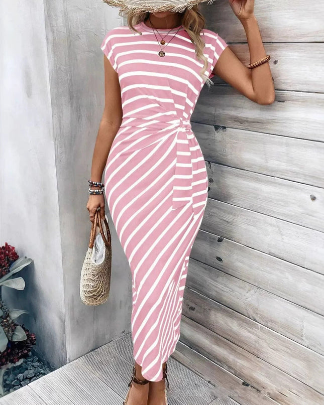 Elegant Waist Strap Striped Round Neck Short Sleeve And Long Pattern Dress