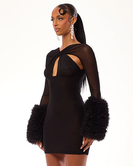 Mesh Cross Hollow-out Long Sleeve Plush Sleeve Slim-fit Sheath Dress