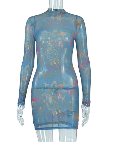 Fashion Round Neck Gauze Perspective Long Sleeve Slim Wrap Hip Dress