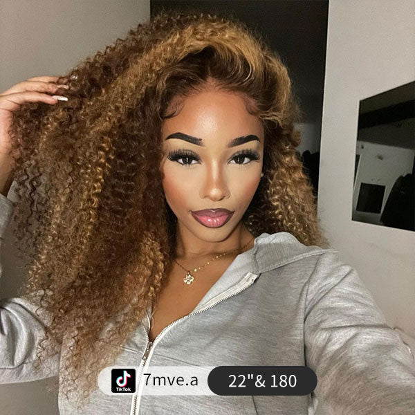 Junoda 6x5 Pre Cut Lace Kinky Curly Mix Color Highlight Blonde Brown Glueless Wig junoda