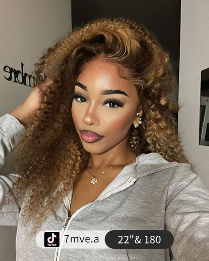 Junoda 6x5 Pre Cut Lace Kinky Curly Mix Color Highlight Blonde Brown Glueless Wig junoda