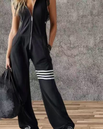 Women's Sporty Retro Lace-Up Striped Sleeveless Hooded Jumpsuit – Wide Flare Leg