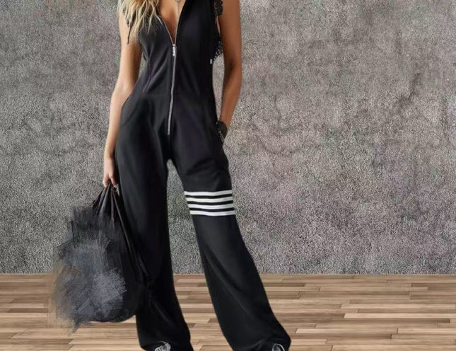 Women's Sporty Retro Lace-Up Striped Sleeveless Hooded Jumpsuit – Wide Flare Leg FitiqueFit