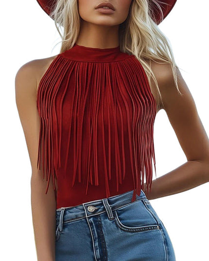 Red Tassel Halter Sleeveless Womens Tank Top