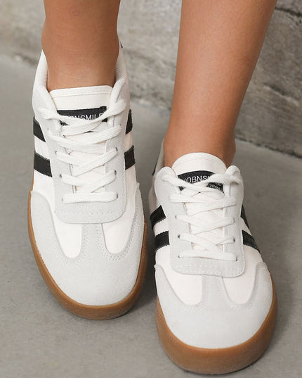 White Striped Lace Up Flat Sneakers For Everyday Comfort
