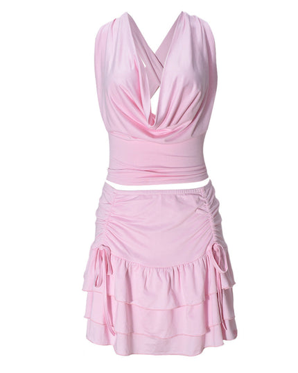 Women's Hollow Out Strap Top Cake Stretch Skirt Two-piece Set