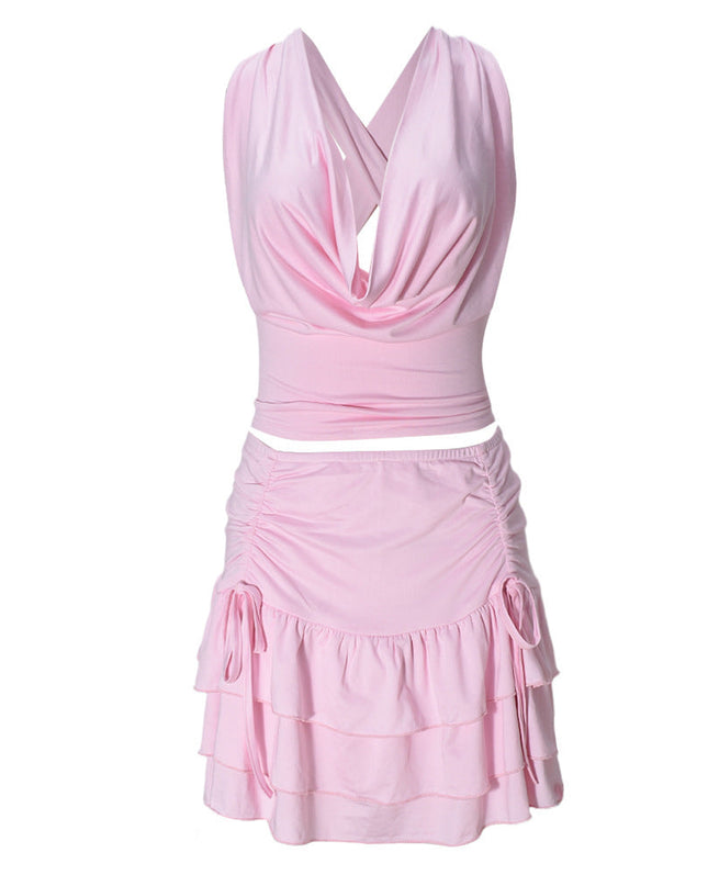 Women's Hollow Out Strap Top Cake Stretch Skirt Two-piece Set
