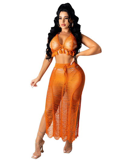 See-through Tassel Knitted Beach Skirt Suit