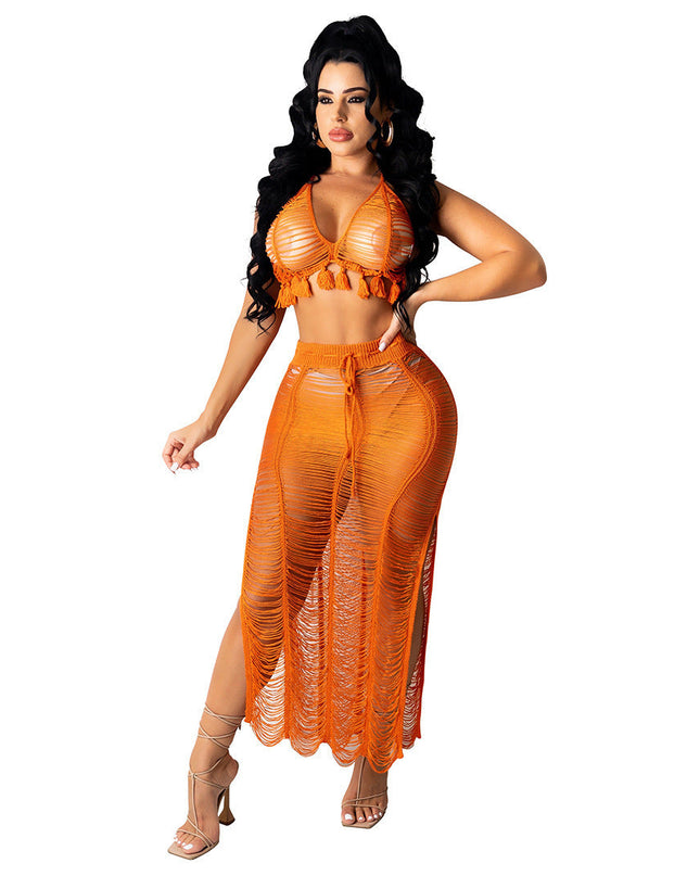 See-through Tassel Knitted Beach Skirt Suit