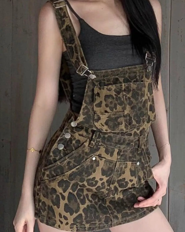 Leopard Print Denim Overall Dress - Pretty Melanin Boutique: Trendy, Casual Mini Dress with Pockets