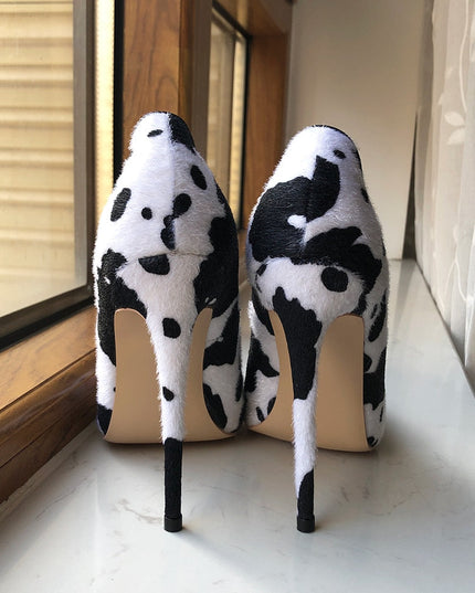 Tikicup Cow Print Women White Hairy Flock Pointy Toe High Heel Shoes Sexy Celebrity Ladies Slip On Stiletto Pumps for Party