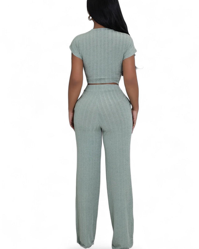 Cropped Belted Top Wide Leg Bottom 2 Piece Set {Tall Girl Friendly}