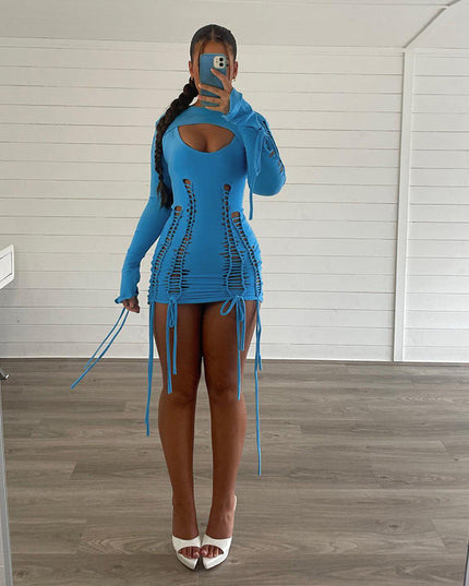 Long-sleeved Woven Cut Out Tie Wrap Hip Dress