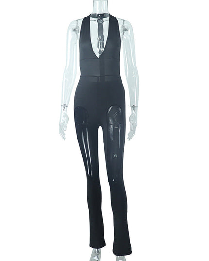 Solid V-neck Mesh Splice Bodysuit