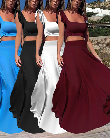 Solid color long skirt two-piece set