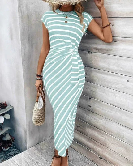 Elegant Waist Strap Striped Round Neck Short Sleeve And Long Pattern Dress