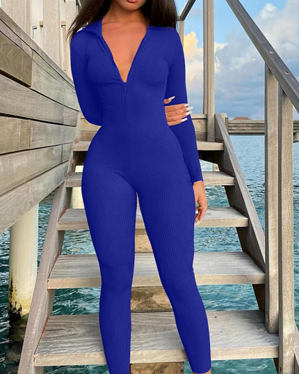 Casual Ribbed Zip-up Jumpsuit Long Sleeves