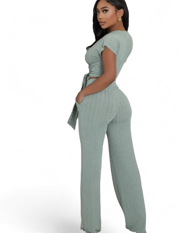 Cropped Belted Top Wide Leg Bottom 2 Piece Set {Tall Girl Friendly}