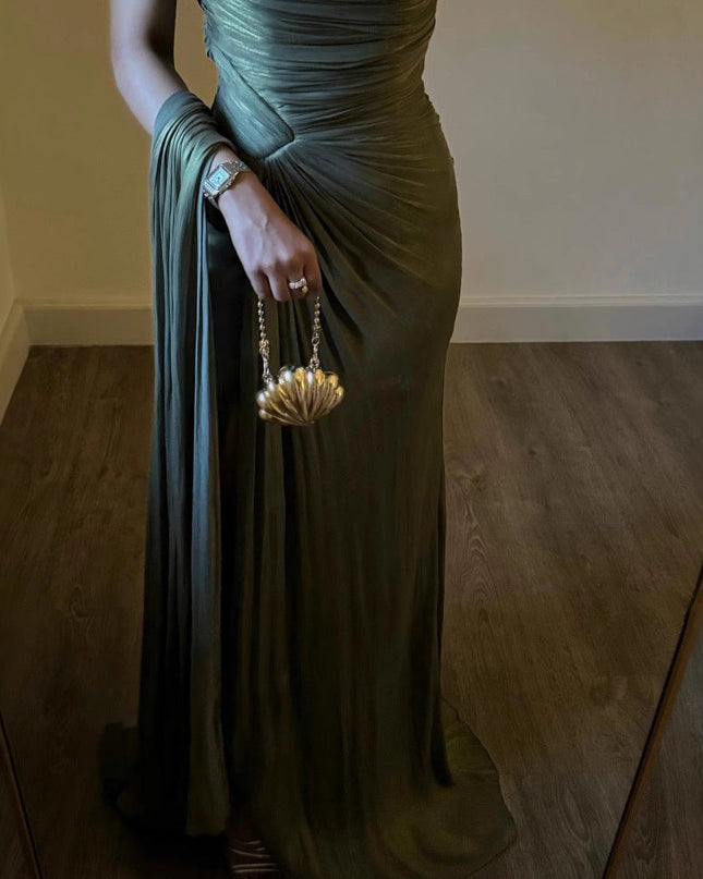 Pleated Ribbon Shiny Evening Dress