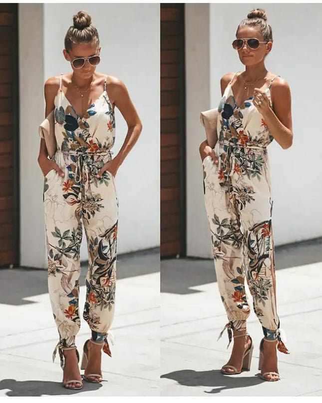 Backless Floral Print Jumpsuit with Slit Design