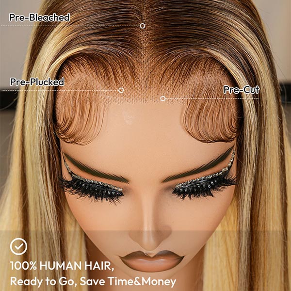 Honey Blonde Ombre Wig Super Invisible Lace Wig Straight Human Hair With Dark Roots junoda