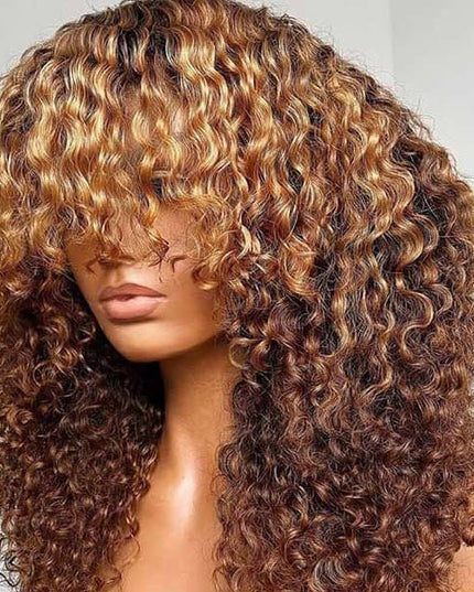 Junoda Highlight Brown Blonde Color Afro Kinky Curly Human Hair Wig with Bangs junoda